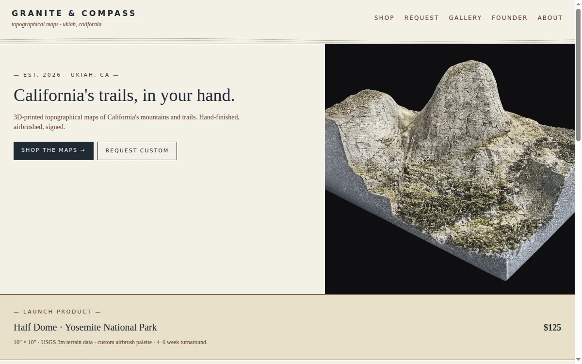 Granite & Compass homepage: 3D-printed topographic maps of California trails, made in Ukiah.