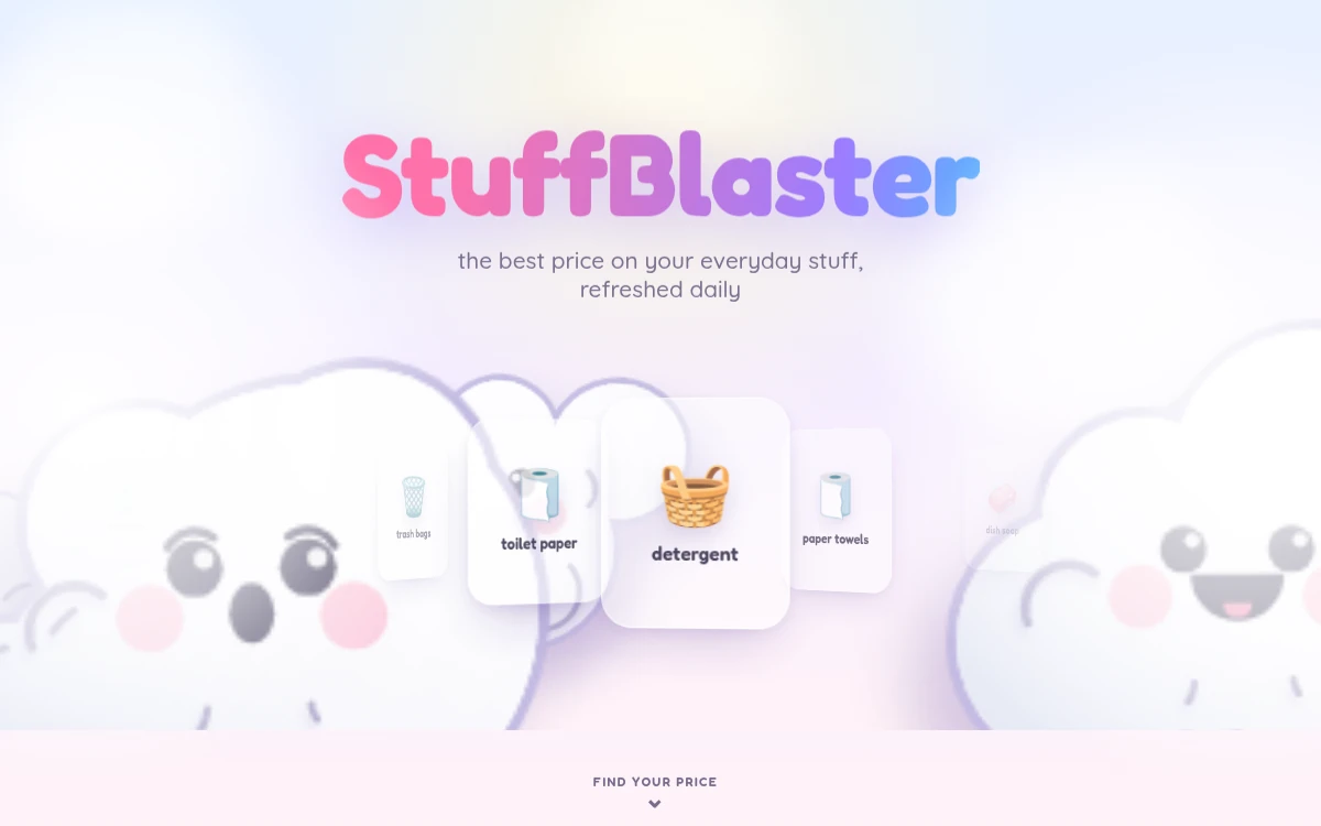 StuffBlaster homepage: a daily-refreshed price index for everyday household staples.